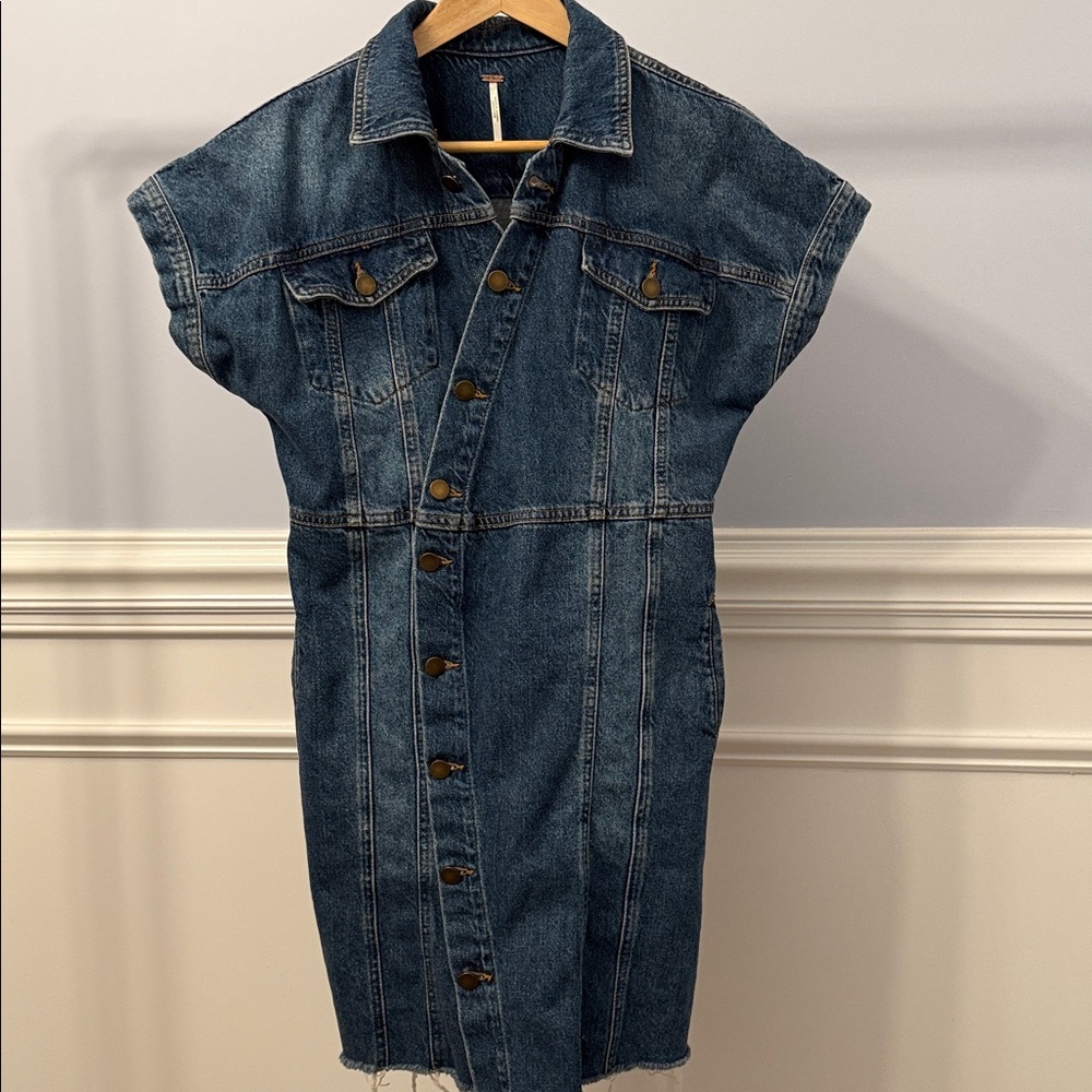 Free People The City Button Front Raw Hem Western Denim Jean Dress M Medium - Picture 5 of 5